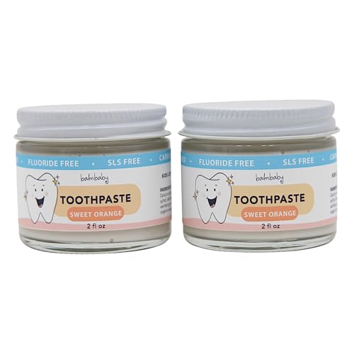 Kids All Natural Fluoride Free Toothpaste – SLS Free Toothpaste with Xylitol, Vegan Gluten Free, Glass Jar Zero Waste Teeth Paste (Orange, 2-Pack)