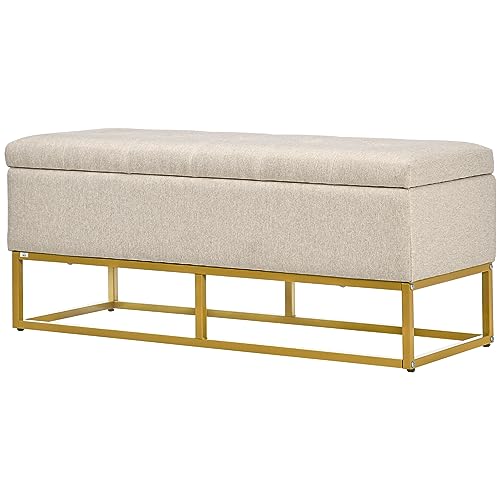 HOMCOM Baúl de Almacenaje para Dormitorio Puff de Almacenaje Tapizado de Lino Sintético con Tapa Abatible y Patas de Acero para Salón 110x44x48 cm Beige