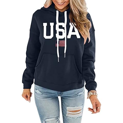 REVETRO Women's Casual T-Shirt Long Sleeve USA Letter America Flag Print Tunic Sweatshirt Tops Hoodies Navy Blue Small… Cover