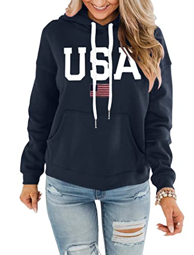 REVETRO Womens Plus Sized Hoodie America Flag USA Letter Print Sweatshirt 4Th of July Loose Long Sleeve Shirts Navy Blue XL
