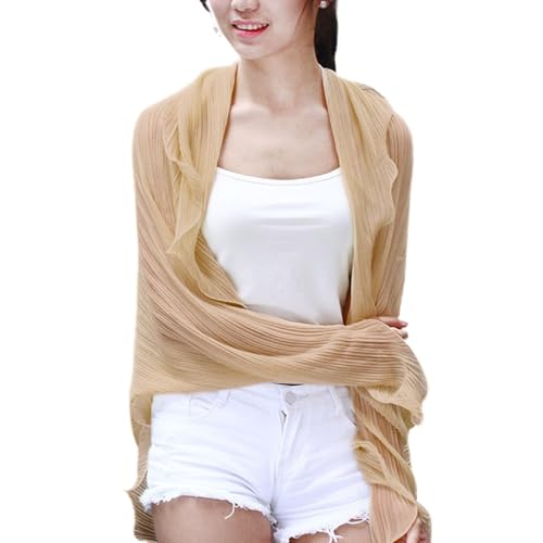 Xunger Women's Crinkled Sunproof Shawl with Ruffled Sleeves Pure Color Lightweight Scarf Long Multi-Way Driving Wrap Shawl