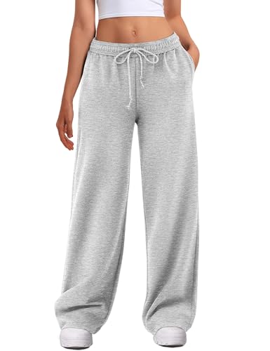 ATHMILE Women's Wide Leg Grey Sweatpants High Waisted Baggy Interior Drawstring Joggers Straight Leg Pants Fashion Clothing