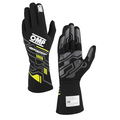 OMP Racing Driving Gloves, Sport, FIA Approved, Single Layer, Fire Retardant Fabric, Black/Fluorescent Yellow, X-Large, Pair