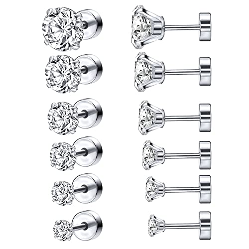 Pendientes de tuerca de acero inoxidable para mujer, aretes de tuerca de plata con forma redonda de circonita cúbica blanca, Circonia cúbica