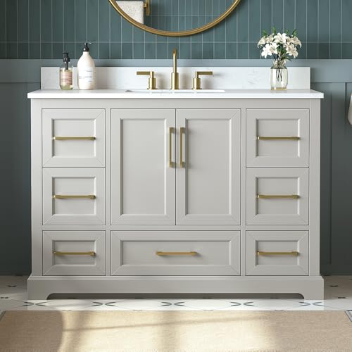 DELUXE LIVING 48 Inch Bathroom Vanity with Sink Combo, Solid Wood Frame with Mable Top &Backspalsh, Fully-Assembled with Soft-Closing Doors & 7 Drawers, Greige