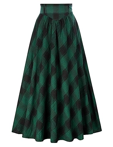 Viktorianische Kariert Rock Damen Vintage High Waist mit Kordelzug Lange Röcke Schwarz Grün Plaid M