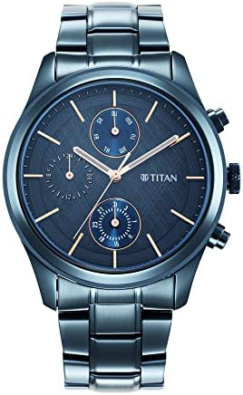 Titan Neo Splash Quartz Multifunction Midnight Blue Dial Metallic Blue Stainless Steel Strap Watch for Men - NT1805QM01