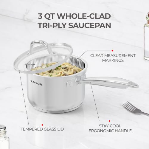 Image of Sunhouse: Stainless Steel Saucepan - Advanced: 3 Quart - Tempered Glass Lid, 18 /10, 3-Ply Bottom, Round-Edge Pot, All Cooktops, Oven-Dishwasher Safe | 18 /10 Stainless Steel Pot For Cooking - Induction Compatible Milk Pan - PFOA Free, Oven & Dishwasher Safe Sauce Pan