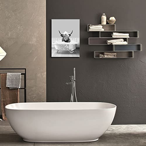 Funny Bathroom Decor Wall Art Highland Cow Take Bath In Bathtub Canvas Prints Pictures Posters Modern Framed Artwork For Bathroom Home Walls Decoration Gifts Ready To Hang, 12"X16" #TOP3