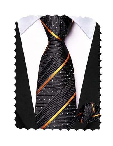 Hi-Tie Selbstgebundenes Krawatten-Set für Jungen, 8–10, Seide, Kinder-Krawatten für Jungen von 8–11 Jahren, Jugend-Krawatte und Einstecktuch für Hochzeit, Schwarz, Dunkelgold, B