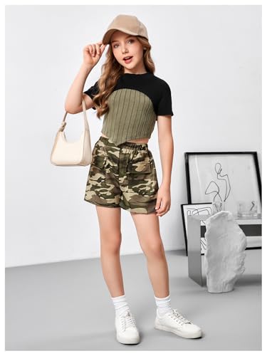 Image of GORGLITTER Girl's Summer Outfits 3 Piece Ribbed Knit Tank Top Short Sleeve Crop T Shirt Camo Shorts Sets Size 8-12 Black and Green 11Y