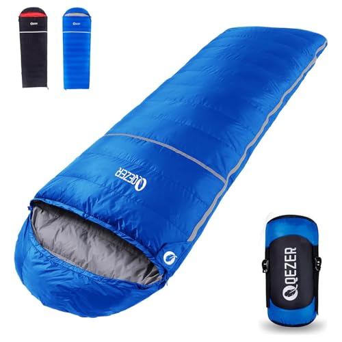 QEZER Down Sleeping Bag for Adults 0 Degree 600 Fill Power Cold Weather Ultralight Sleeping Bag with Compression Sack for Backpacking, Hiking, Camping