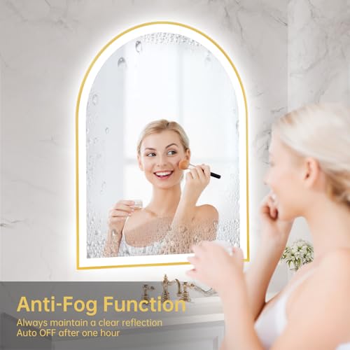 Image of 30 inchx36 inch Arched LED Mirror for Bathroom, Brushed Gold Lighted Bathroom Mirror with Lights, Fogless, Dimmable, Shatterproof, Touch Sensor, 3 Color Changing