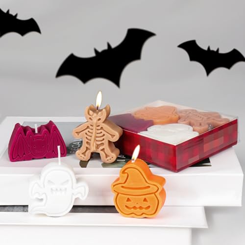 Freesia Scented 4pcs Pumpkin Skeleton Ghost Bat Spice Candles - Halloween Party Decorations for Indoor Home Room Table Decor - Gifts for Women, Kids, Adults, Men