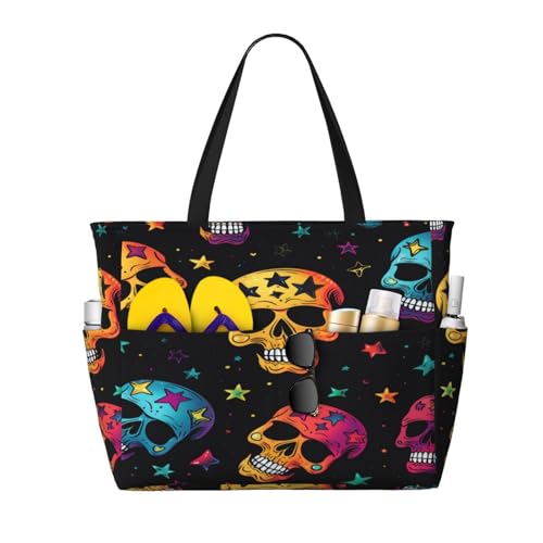 Colorful Skull Beach Bags For Women, Skull Stars Large Waterproof Tote Bag Sandproof Pool Bag Handbag For Travel Work Gym