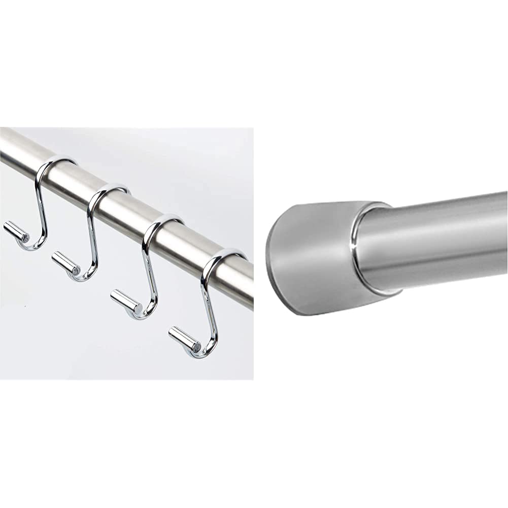 iDesign 76750EU T-Bar Duschvorhanghaken, 12 Stück, Chrom & Duschvorhangstange, extra Kurze Teleskopstange aus Edelstahl, ausziehbare Duschvorhangstange ohne Bohren, mattsilberfarben
