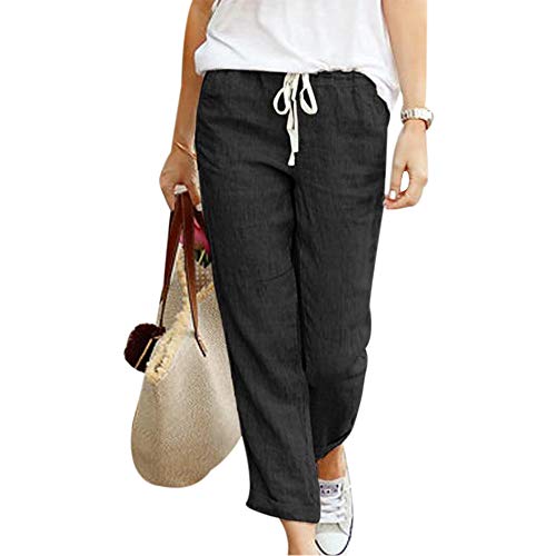 papasgix Women's Linen Ankle Pants Capris Cropped Tapered Trousers with Pockets Black