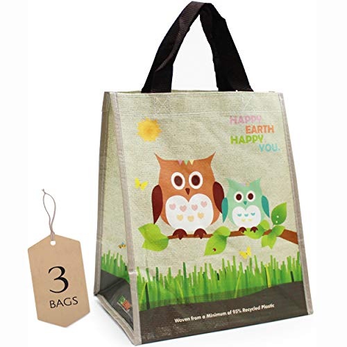 Ecojeannie Laminated Mini Woven Reusable Grocery Shopping Bag, Minimum of 95% Recycled Plastic, 3 Pack