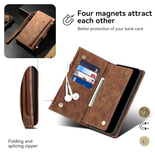 Zipper Case for iphone 16 Pro max, Leather Wallet Book Stand view Magnetic Protect RFID Blocking Cover with iphone 16 Pro max-Brown - Image 4