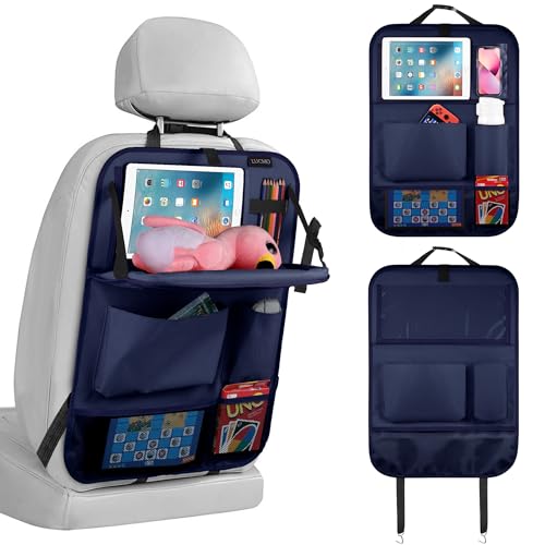 Image of LUCMO Car Backseat Organizer with Foldable Tablet Holder, Dark Blue | 6 Storage Pockets,Foldable Food Tray,Protectors Kick Mats,Travel Accessories,Seat Cover,Road Trip Essentials