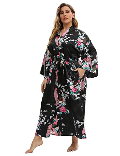 Image of Women's Floral Long Satin Robes Plus Size Long Silk Robes Peacock Floral Kimonos Sleepwear Dressing Gown