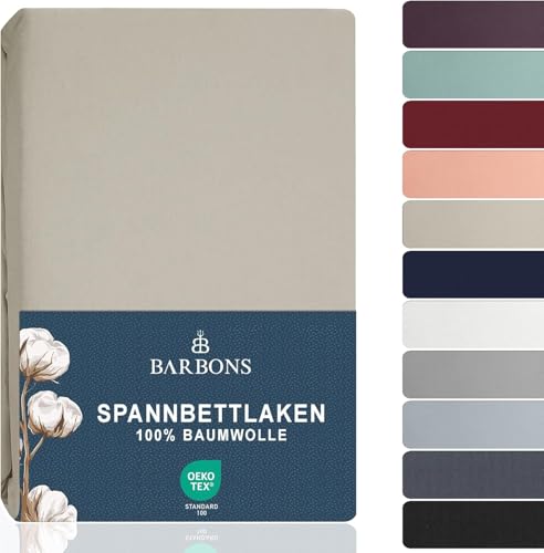 BARBONS Spannbettlaken 180x200cm - 100{8a6425f200a4861b2407ab53bad87bdf38a0bcdd3c5a8f64773d00a8e593188c} Baumwolle Spannbetttuch Oeko-TEX Zertifiziert Bettlaken Jersey Bettwaren und Bettbezug für Boxspringbett und Dicke Matratzen bis 27 cm - Sand 180 x 200