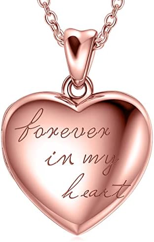 Forever In My Heart Locket Necklace That Hold Two Pictures, Personalized Heart Photo Locket Necklace/Customize Picture Locket Necklace Memorial Gift for Women Girls (Rose Gold Locket Necklace)