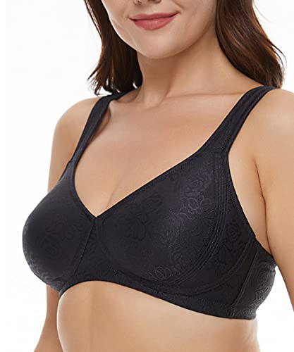 Image of Wingslove Women's Front Closure Minimizer Bra Full Coverage Wirefree Comfort Plus Size Racerback Jacquard Non Padded (Black,48DDD)