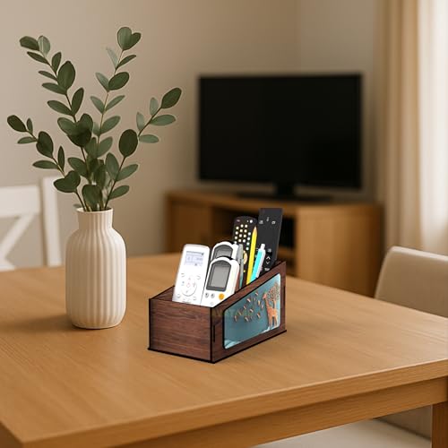 Image of Multipurpose Wooden Remote Stand Organizer with 3 Compartments, Premium Engineered Wood Desk Organizer for TV /AC Remotes, Stationery, Charger, Home & Office Use (Dark Walnut-2)