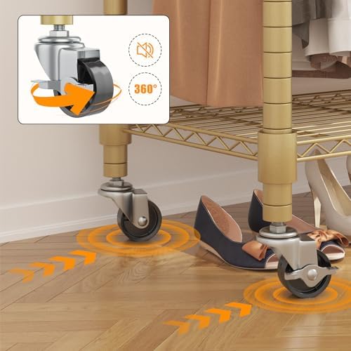 BATHWA Heavy Duty Garment Rack on Wheels, Rolling Clothes Racks for hanging clothes, Modern Closet Wardrobe Clothing Rack with 8 Side Hangers, Gold