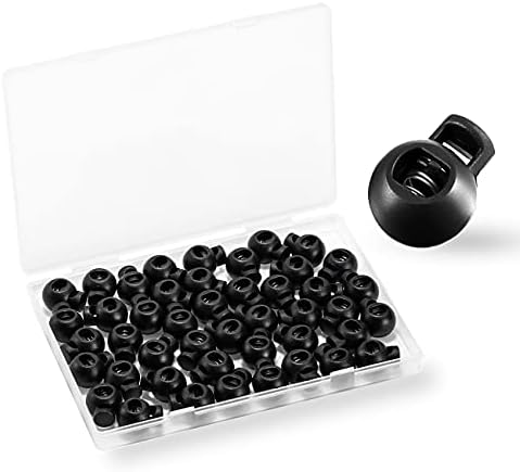 Double Elite 45 Pcs Plastic Cord Locks Ball Shape for Hat Straps, Single Hole Draw String Clip, Spring Cord Toggle for Drawstrings/Paracord/Shoelaces/Hoodies/Pants Closures, Black