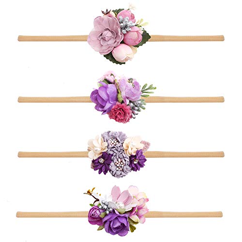 Image of cherrboll 4pcs Baby Girl Headbands Flowers, Super Soft & Stretchy Nylon Floral Hairbands for Newborn Toddler
