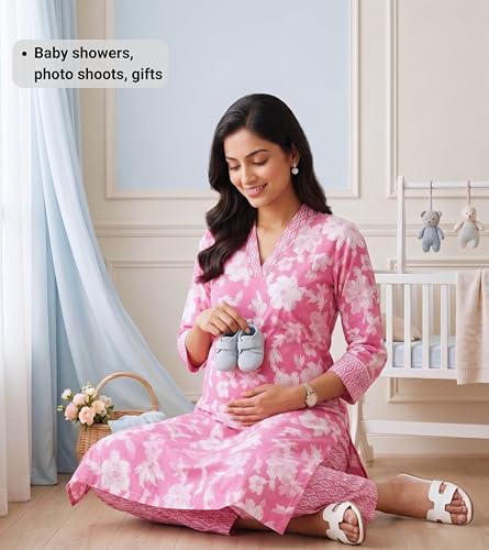 Image of DUMMY SHAPE Feeding Kurtis for Women Cotton Blend | Floral Kurta Pant Dupatta Set with Nursing Zippers to Pre & Post Partum | Maternity Dresses | Mom to Be Gifts for Pregnant Woman