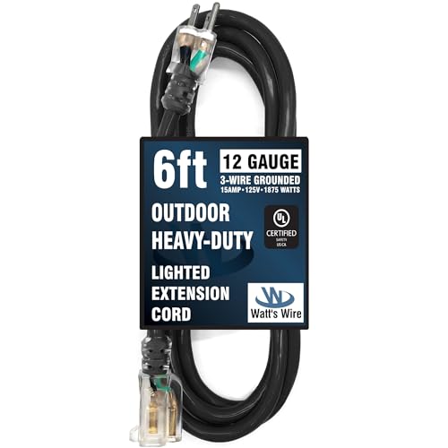 6 ft Short Outdoor Extension Cord Waterproof - 12 Gauge Heavy Duty Extension Cord 6 ft - Lighted Outdoor Extension Cords - Watts Wire - 6 Grounded