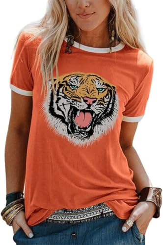 Women Tiger Print Shirt Crew Neck Funny Cute Animal Graphic Short Sleeve Loose Tee Shirt Orange Red