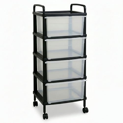 ABBAware 4-Tier Storage Drawer Tower | Mobile Drawer Cabinet on Wheels | Clear Drawers & Black Frame, Multi-Use Organiser