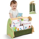 MHJY Kids Bookshelf – Wooden Double-Sided Sling Book Rack with Canvas Storage, Toddler Bookcase for Nursery, Bedroom, Playroom – Montessori Style Children’s Book Organiser