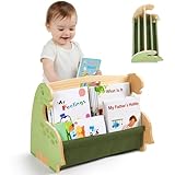 MHJY Bücherregal Kinder, doppelseitiges Holzregal mit robusten Canvas-Taschen, Montessori Stil, tragbar mit Griff, Kinderbuchregal für Kinderzimmer, Spielzimmer & Kindergarten, leicht & langlebig
