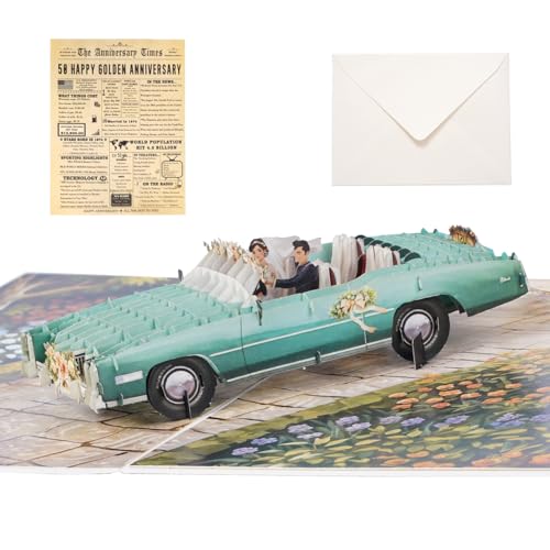 PopUpia 3D Popup 50th Wedding Anniversary Card – Just Married Car Design, 50th Anniversary Decorations & Gifts for Couple, Husband, Wife, Parents, Friends – Memorable Golden Anniversary Keepsake