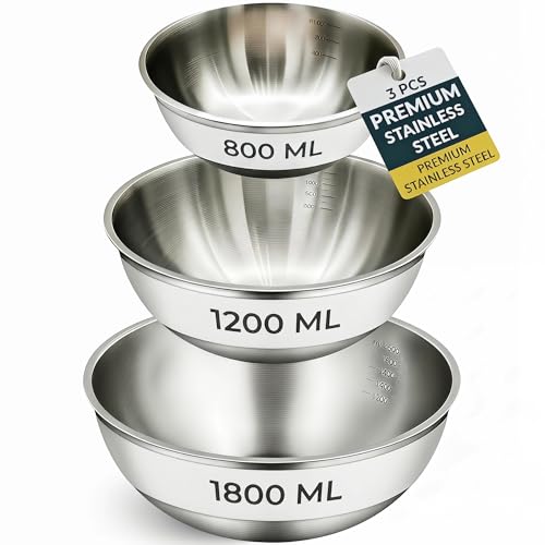 Vesmiga Stainless Steel Mixing Bowl Set Metal Mixing Bowl Set of 3 Pcs (23cm/20cm/17cm) for Kitchen Cooking Baking Nesting Storage Salad & Food Prep Serving | Dishwasher Safe