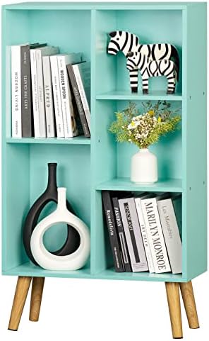5 Cube Bookshelf 3-Tier Bookcase with Legs, Mint-Green Kids Book Shelf Cute Storage Organizer, Free Standing Open Toy Shelves Modern Bookshelves,Wood Display Bookcases for Bedroom,Living Room,Nursery