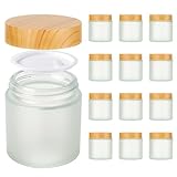 4oz Jars with Lids, Hoa Kinh 12 Pack Frosted Glass Jars with Lids Empty Cosmetic Containers Round Airtight Glass Jar with Inner Liners and Woodgrain Lid for Storing Lotions, Powders, and Ointments