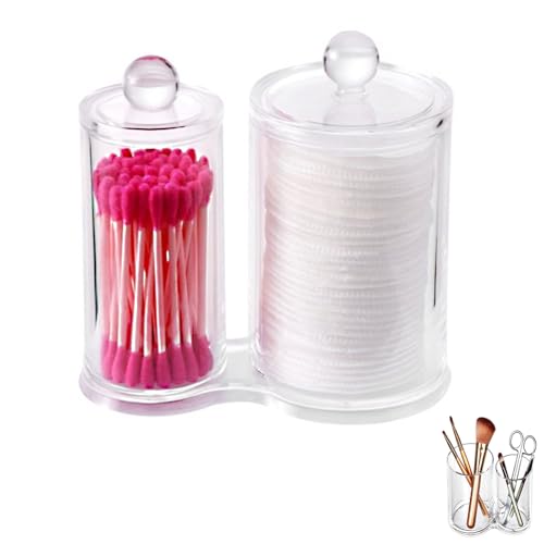Image of Qtip Holder Clear Round Container Cotton Ball Swab Holder with Lid Make Up Brush Holder Bathroom Organizer Acrylic Organizer for Cotton Ball and Swab Round Pads Hair Accessories Clear Apothecary Jar