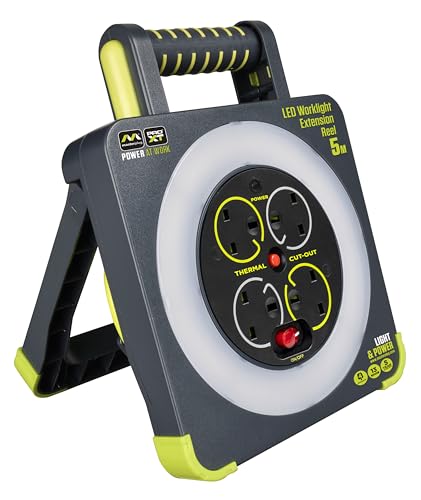 Image of Masterplug WLU05134SL-PX Pro-XT Four Socket LED Work Light Extension Reel with Fold Out Stand, Thermal Cut Out and Power Switch, 5 metre High Visibility Cable, 13 Amp, Grey, 28.35 cm*9.1 cm*22.0 cm