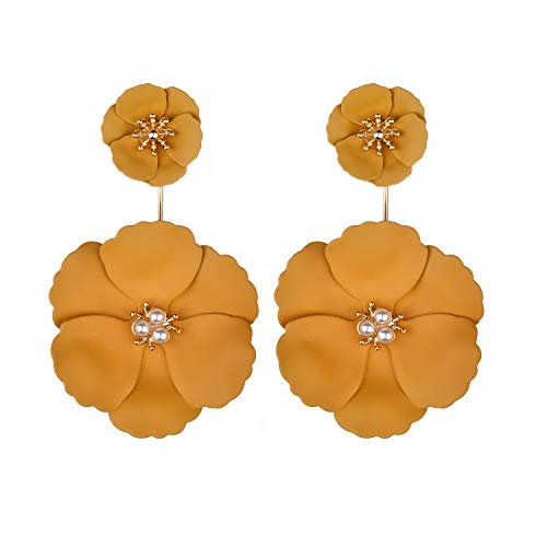 Nicole Miller New York Mustard Flowers White Center Pearls Gold Tone Drop Dangle Earrings