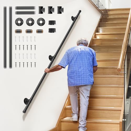 Pasamanos para Escaleras, 2 Secciones y 2M Pasamanos Metálico para Pared sin Barreras, 100kg Antideslizante y Cómodo para Interiores y Exteriores para Pasillos, Cocinas, Armarios y Salas de Estar