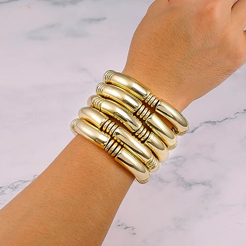 Gold Chunky Bangles Bracelets For Women 14k Gold Plated Stack Layered Curved Bamboo Tube Stretch Bracelets Gift Jewelry4