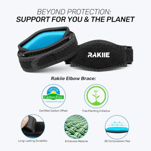Image of Rakiie 2 Pack Tennis Elbow Brace for Men Women, Adjustable Non-slip Golfer Elbow Strap with Support Compression Pad, Counterforce Brace for Sports, Fit 7.08-14.17 inch, Blue
