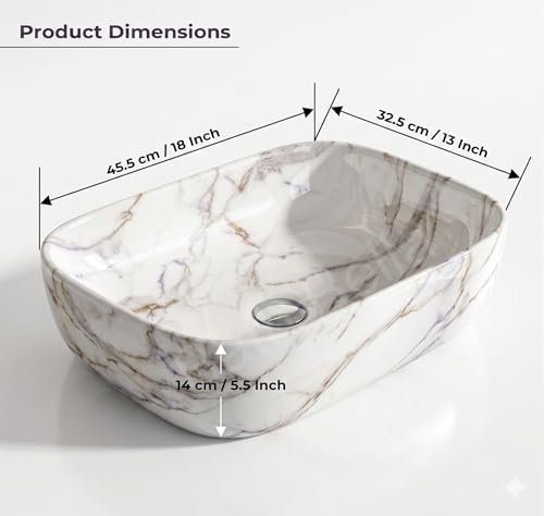 Image of Designer Ceramic Wash Basin For Bathroom | Over Counter Bathroom Basin | Counter Top Bathroom Sink | Wash Basin For Restaurant, Hotel (18 x13 x 5 Inch) (Designer White)