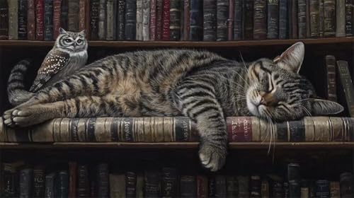 Broderie Diamant Chat Tigré sur Livres Anciens - Kit Complet Peinture 5D 115x195cm AD0356